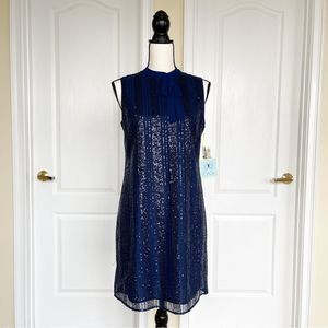 CeCe Size XS Navy & Black Sequin Layered Bow Tie Neck Sleeveless Cocktail Dress